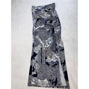 Carmen Marc Valvo Paisley Print Maxi Skirt Ruched Slit Navy White Gold S Stretch